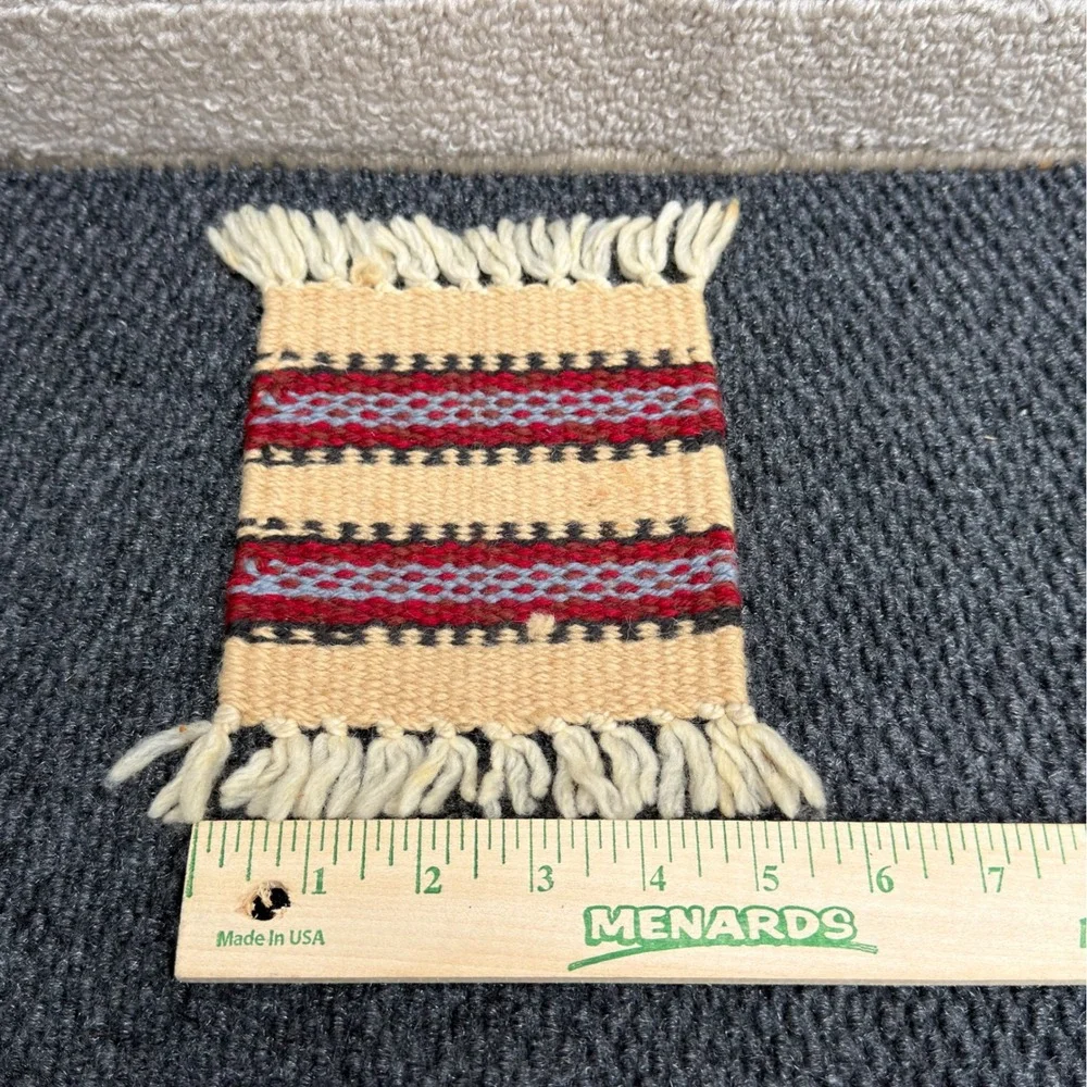 Vintage Southwestern Hand Woven Wool Coasters Set of 8 Mini Rugs Fringed Boho